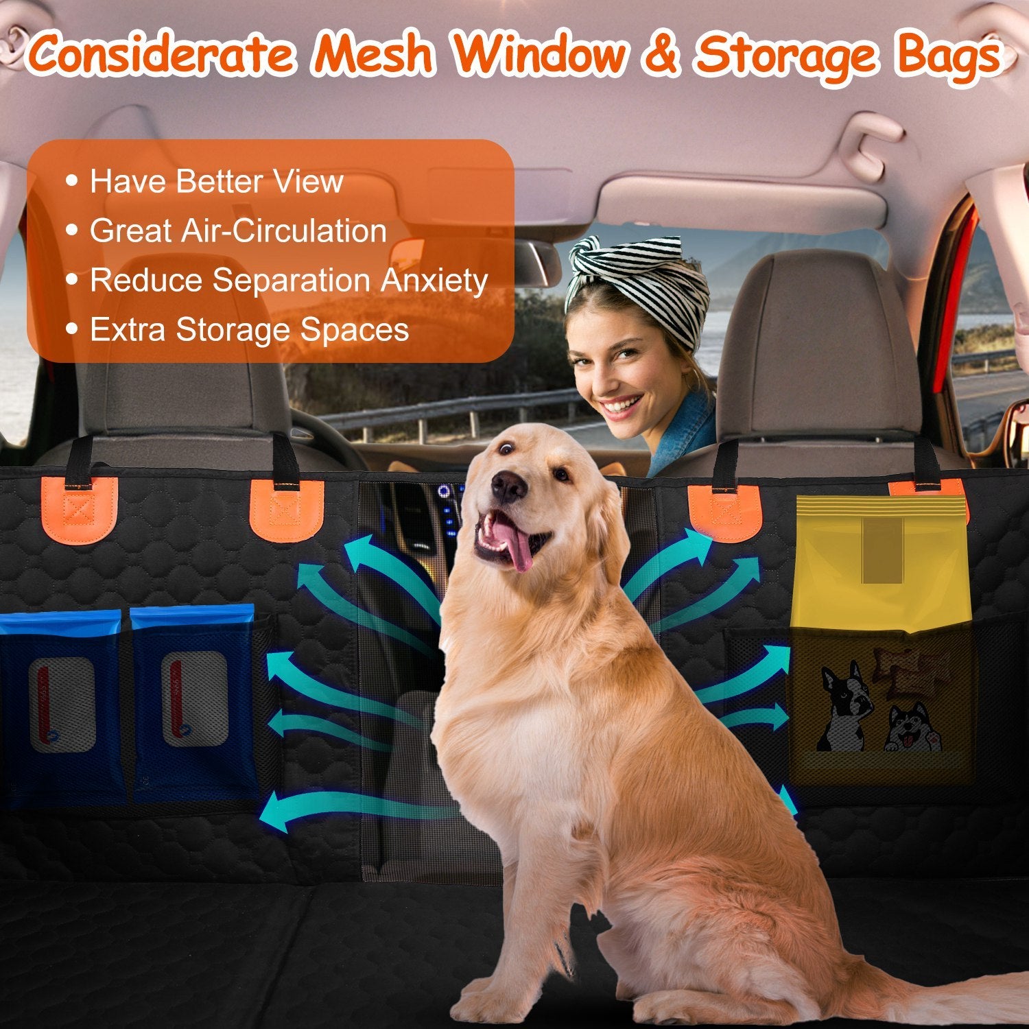 Dog Car Back Seat Cover With Zipper Mesh Window Storage Bags Waterproof 600D Oxford Cloth Car Seat Protector With Slide Flaps For Cars Trucks SUVs - DropOnline.co