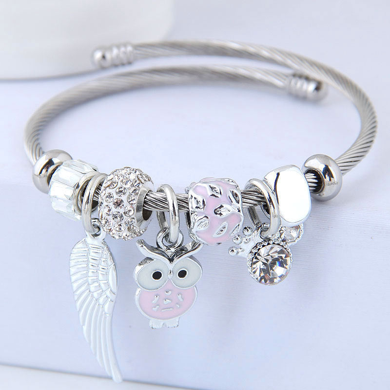 DIY Beaded Owl Angel Wings Pendant Stainless Steel Bracelet - DropOnline.co