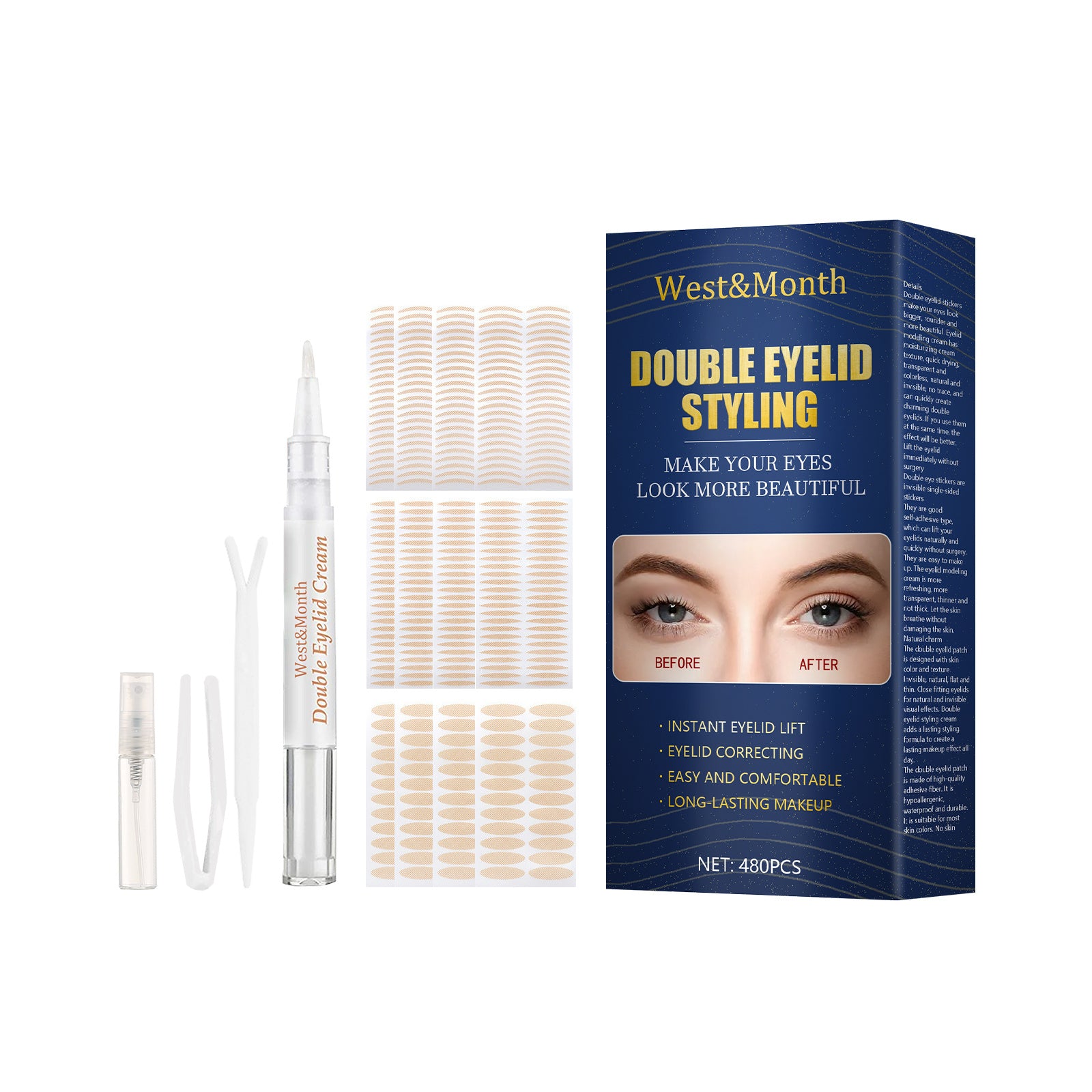 West&Month Double Eyelid Tape - Invisible, No-Glue, Natural Mesh Adhesive, Activates With Water, Beautiful Eyes, Olive Shaped Lace - DropOnline.co
