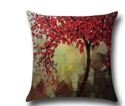 Three-dimensional Oil Painting Trees Flowers Cotton Cushion Cushion Pillowcase Car Waist Cushion Cover - DropOnline.co