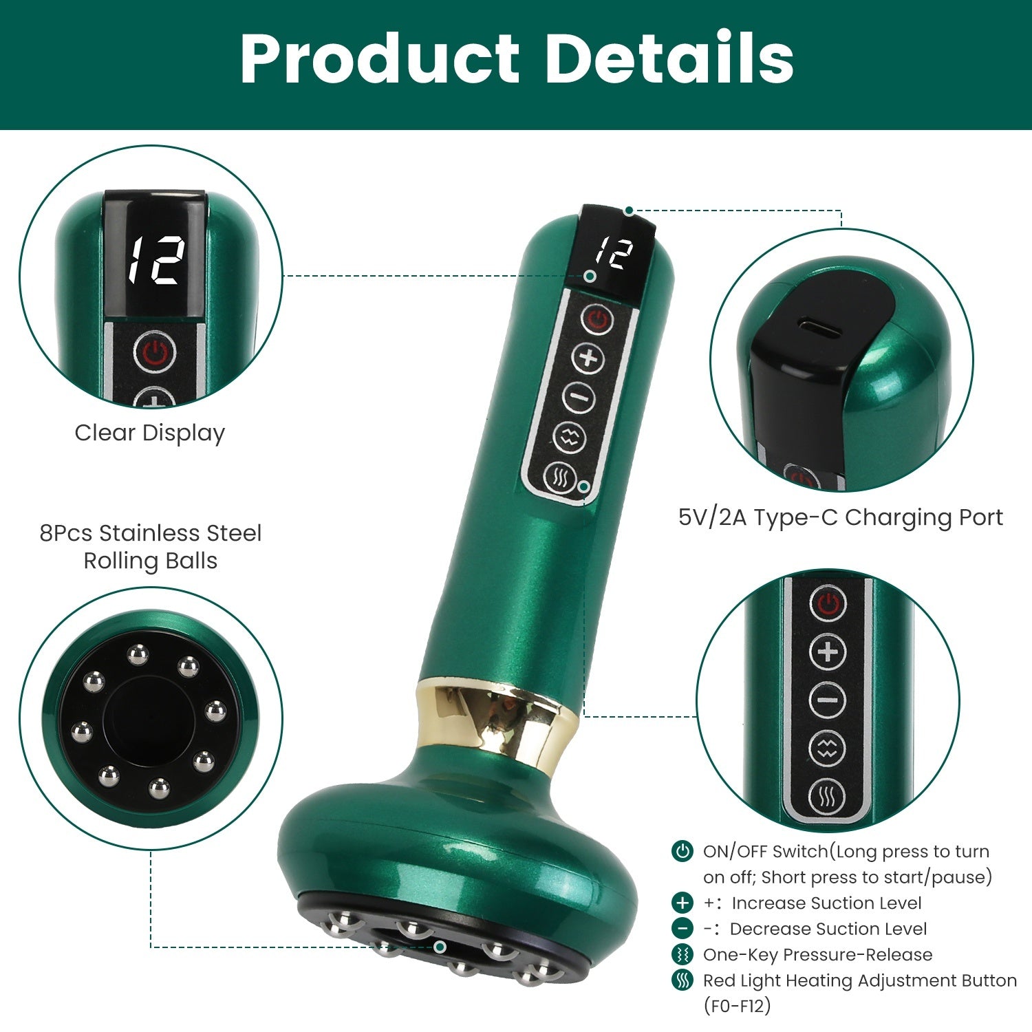 1Pc Anti Cellulite Massager Handheld Vacuum Suction Cupping Kit Beauty Tool With 12 Suction Mode 12 Heating 20Mins Auto-Off One-Key Pressure Release For Abdomen Thighs Buttocks Neck - DropOnline.co