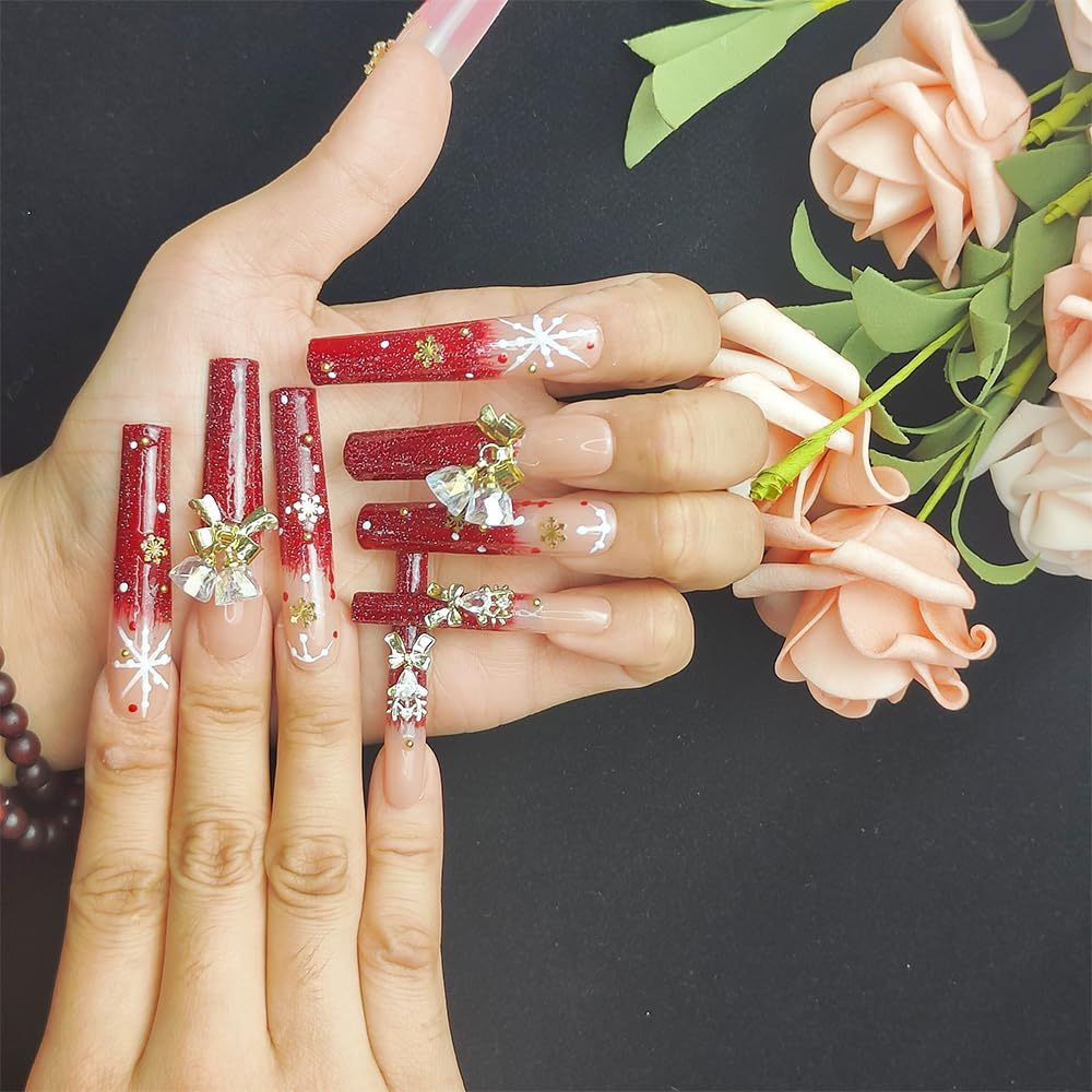 GGddsha Long Handmade PMMA Acrylic Nails Red WithSnowflake Rhinestone Bell Design Reusable Full CoverageFalse Nail Ladies False Nail Set,Lumiere Neige - DropOnline.co