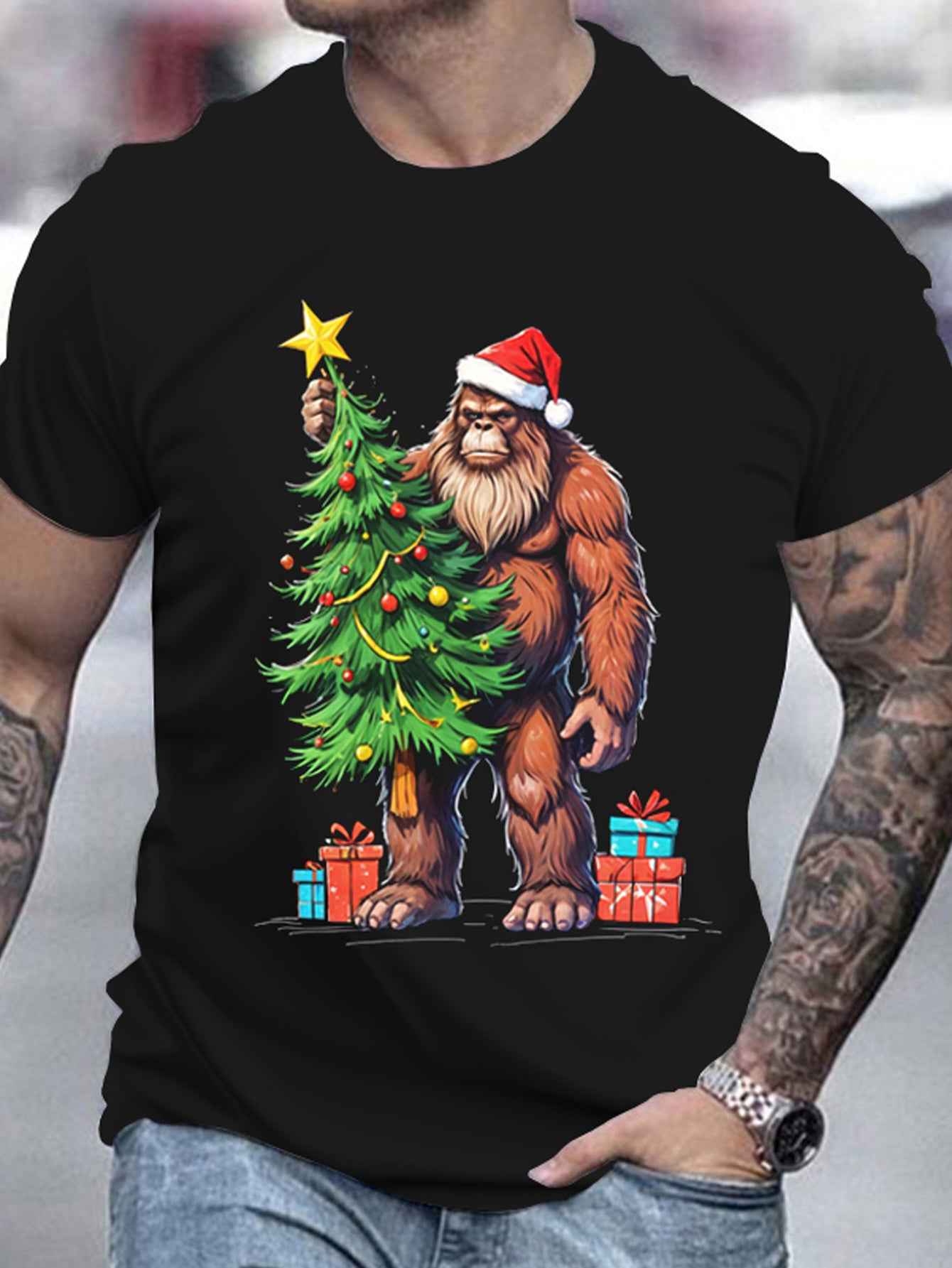 Men's Christmas Bigfoot 3D Printed T-Shirt - Casual Round Neck Summer Polyester Tee