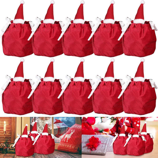 5 Packs Christmas Treat Bags with Drawstring - 3D Xmas Santa Hat Gift Bags - DropOnline.co
