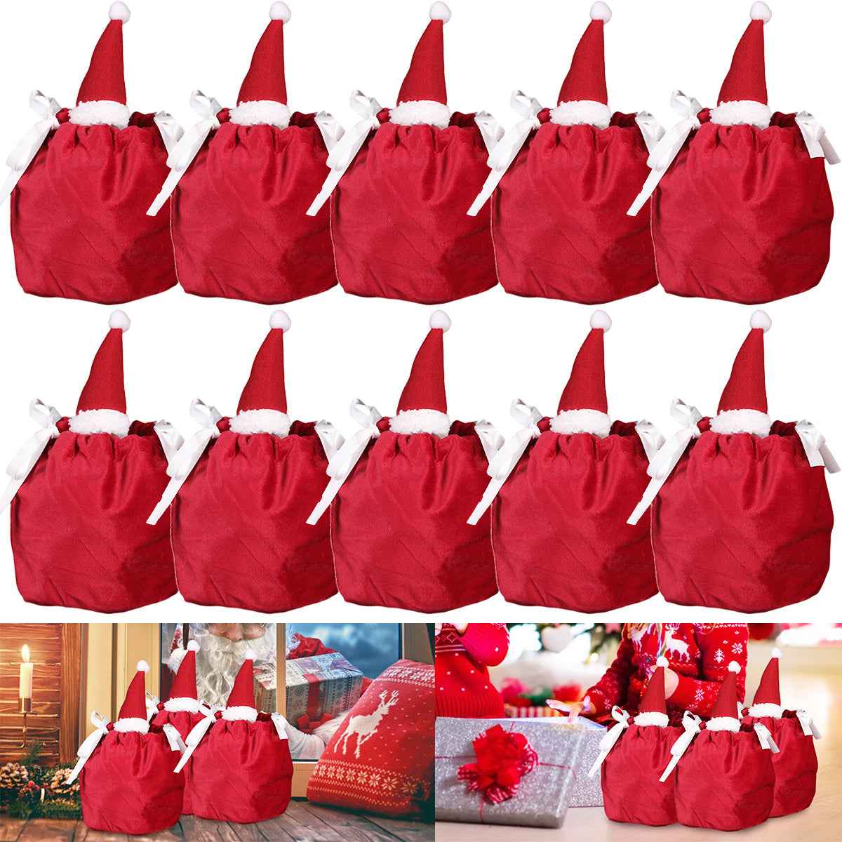 5 Packs Christmas Treat Bags with Drawstring - 3D Xmas Santa Hat Gift Bags - DropOnline.co