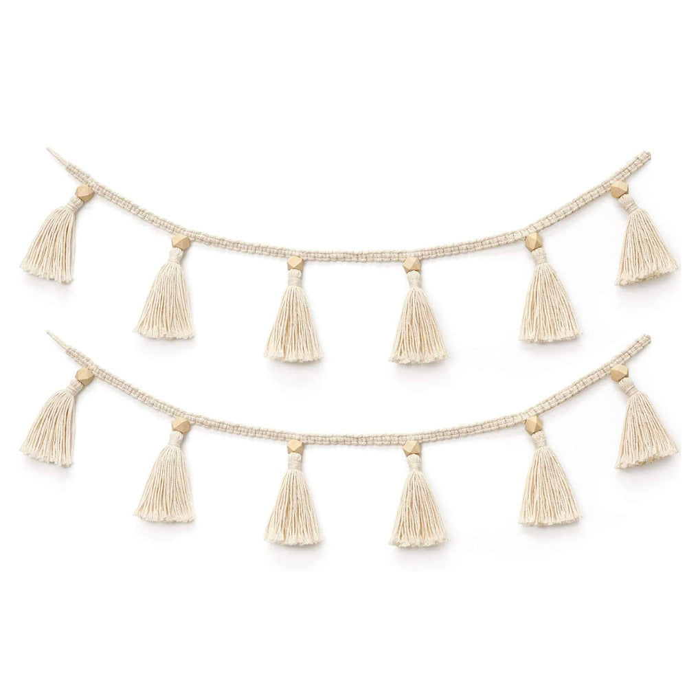 Boho Macrame Hand Woven Cotton Garland with Wooden Beads Tassel Belly Basket Decorations Home Wall Hangings Decor Craft - DropOnline.co