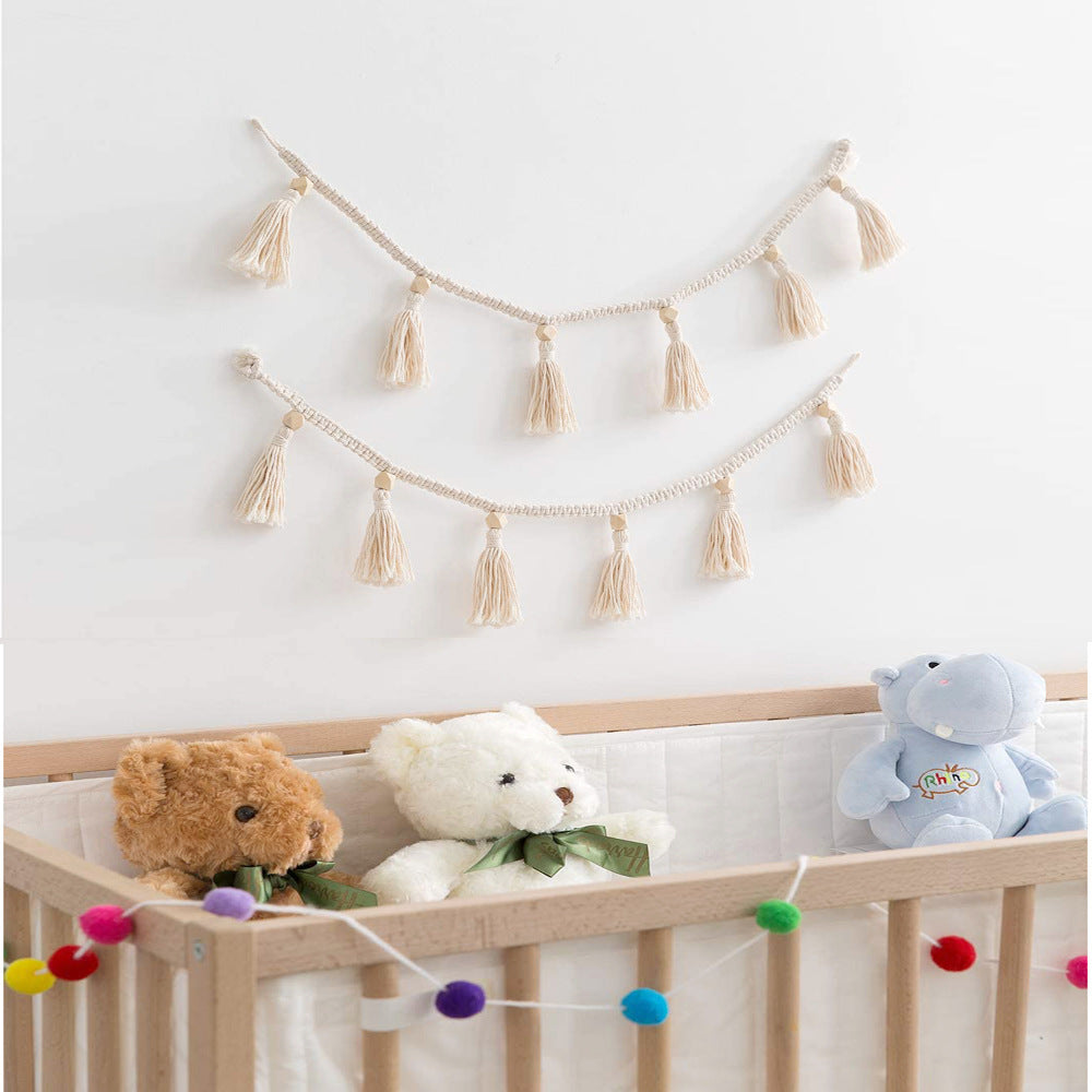 Boho Macrame Hand Woven Cotton Garland with Wooden Beads Tassel Belly Basket Decorations Home Wall Hangings Decor Craft - DropOnline.co