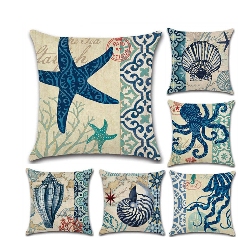New Hand Painted Marine Coral Seahorse Starfish Linen print Pillowcase Cushion Cover - DropOnline.co