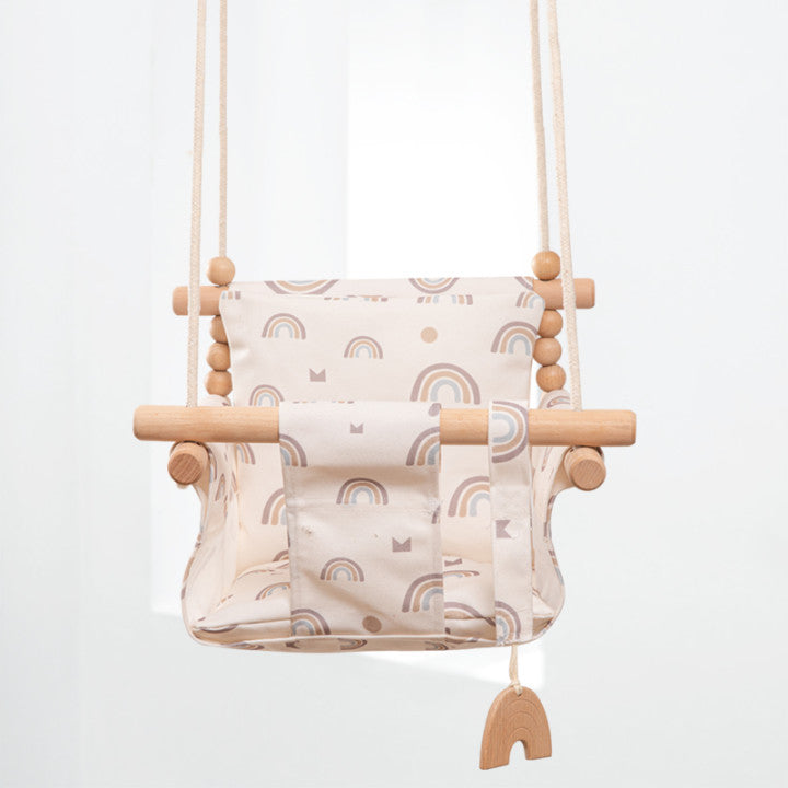 Cotton Canvas Baby Swing Chair - Wooden Hanging Swing Seat with Cushion for Indoor & Outdoor - DropOnline.co
