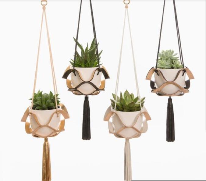 Leather Hanger Basket Macrame Wall Hanging Planter Shelf Decorative Flower Pot Holder Boho Home Decor for Small Plants - DropOnline.co