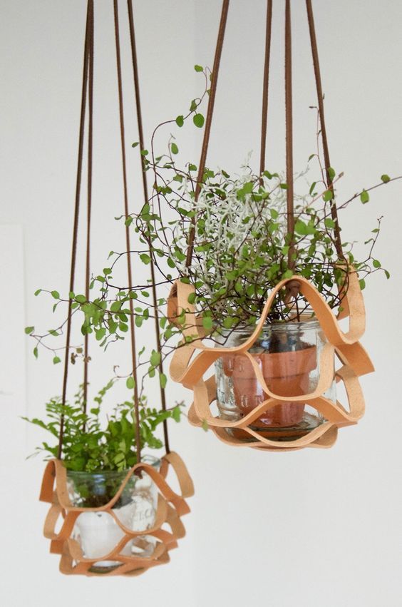Leather Hanger Basket Macrame Wall Hanging Planter Shelf Decorative Flower Pot Holder Boho Home Decor for Small Plants - DropOnline.co