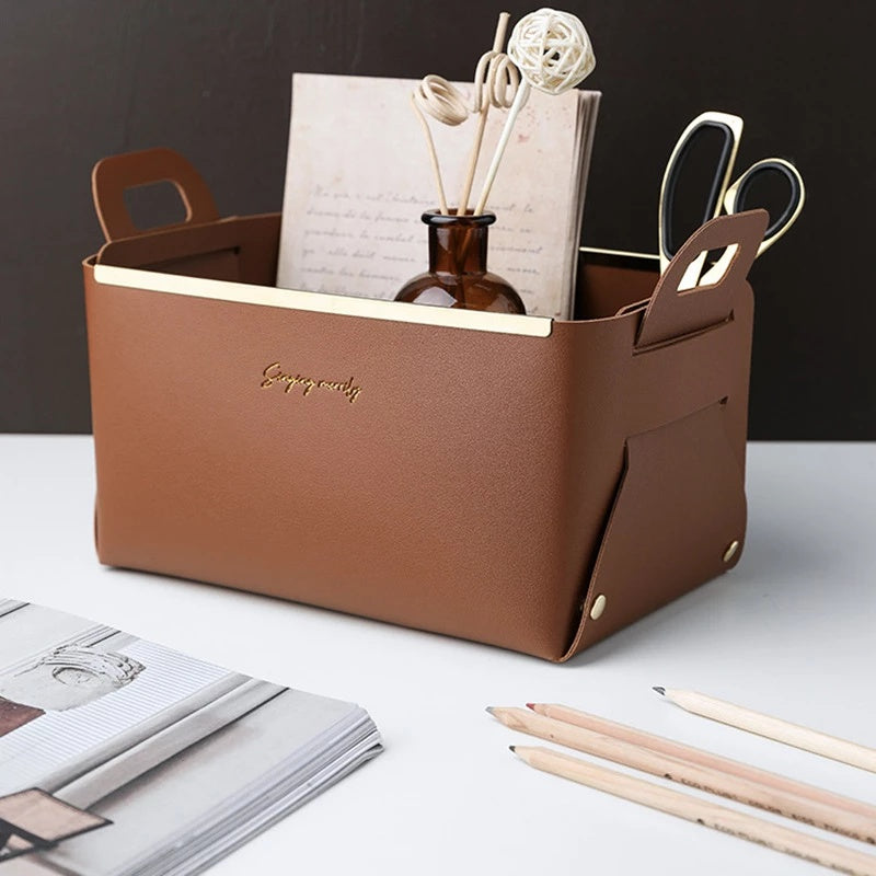 Nordic Desktop PU Leather Large Storage Box Folding Living Room Bedroom Sundries Jewelry Key Tray Decor Cosmetic Storage Baskets - DropOnline.co