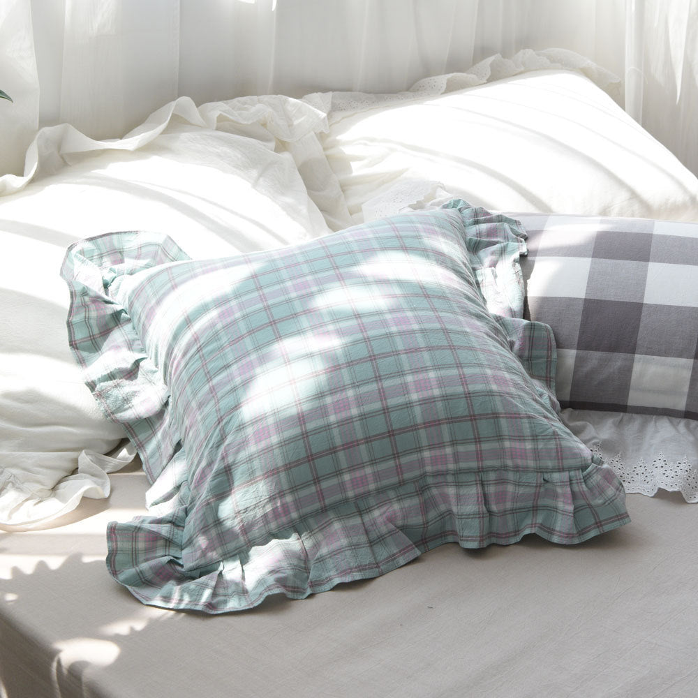 Ins Wind Ruffled Pillowcase Plaid Cotton Pillow Princess Wind Big Cushion - DropOnline.co