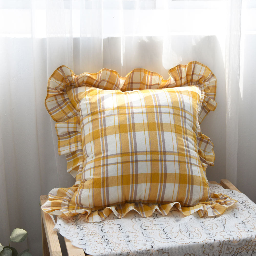 Ins Wind Ruffled Pillowcase Plaid Cotton Pillow Princess Wind Big Cushion - DropOnline.co