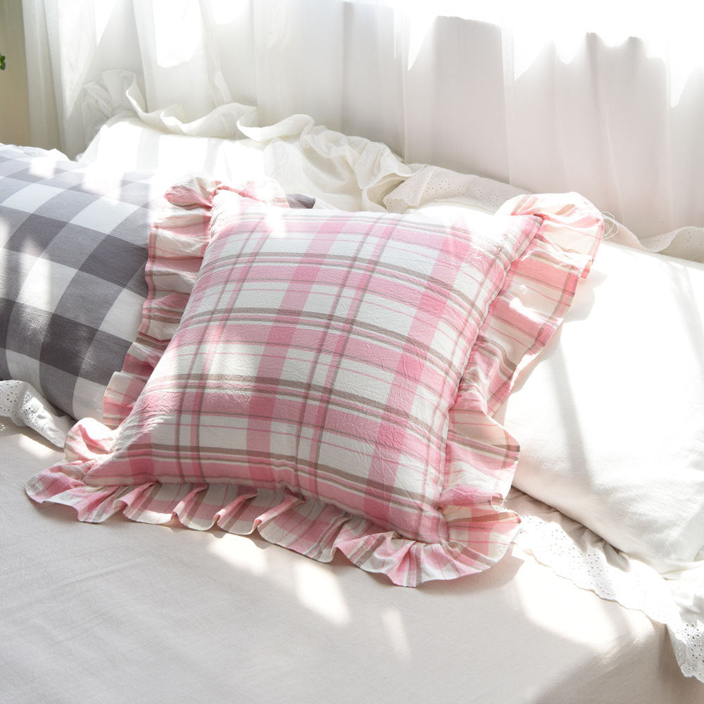 Ins Wind Ruffled Pillowcase Plaid Cotton Pillow Princess Wind Big Cushion - DropOnline.co
