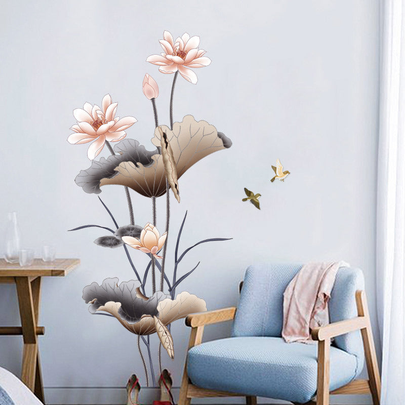 Chinese Style Lotus Flower Wallpaper - Self-Adhesive Living Room Sofa Background Wall Stickers - DropOnline.co