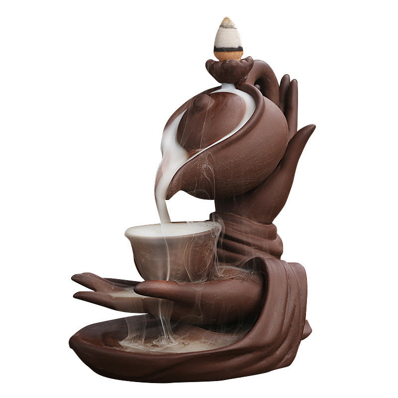 F Ceramic Waterfall Incense Burner Buddha Hand Censer Holder Indoor Smoke Backflow Incense Fountain Buddhist Altar Table Decor - DropOnline.co