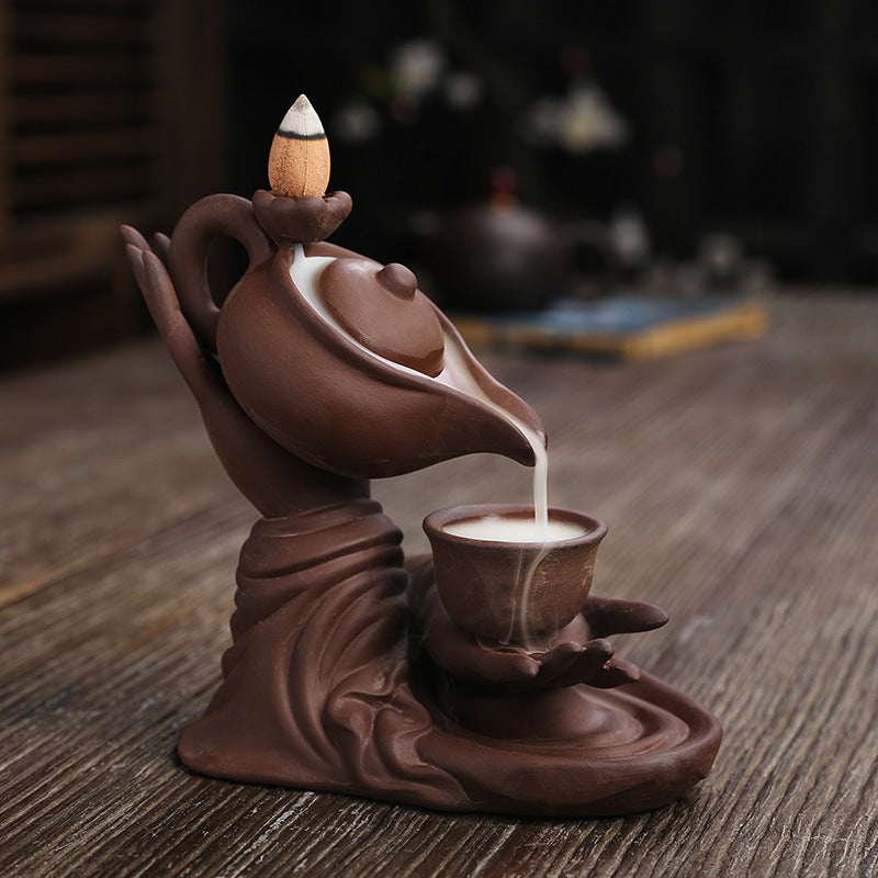 F Ceramic Waterfall Incense Burner Buddha Hand Censer Holder Indoor Smoke Backflow Incense Fountain Buddhist Altar Table Decor - DropOnline.co