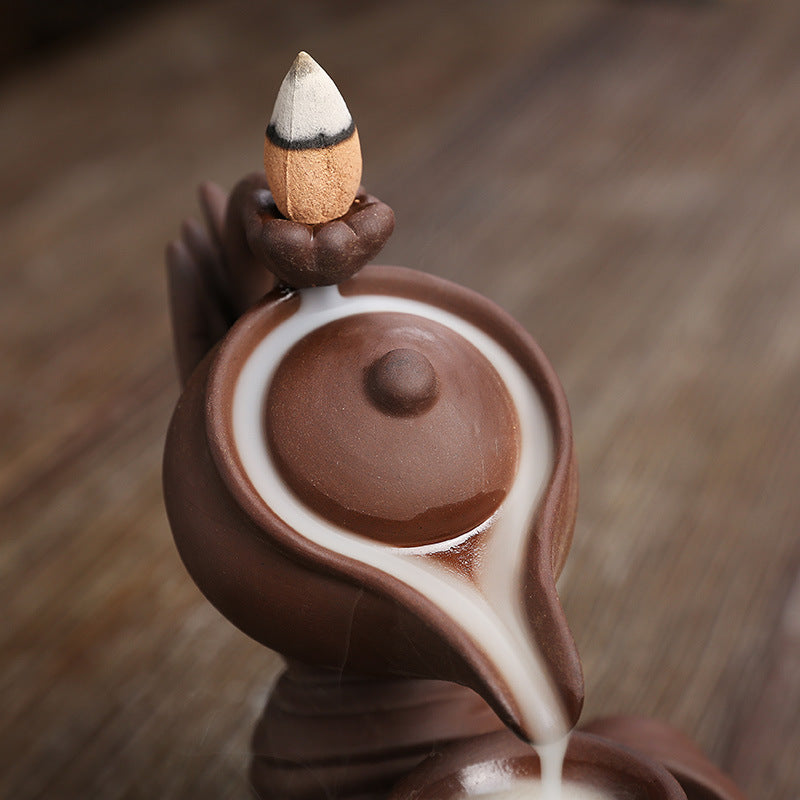 F Ceramic Waterfall Incense Burner Buddha Hand Censer Holder Indoor Smoke Backflow Incense Fountain Buddhist Altar Table Decor - DropOnline.co