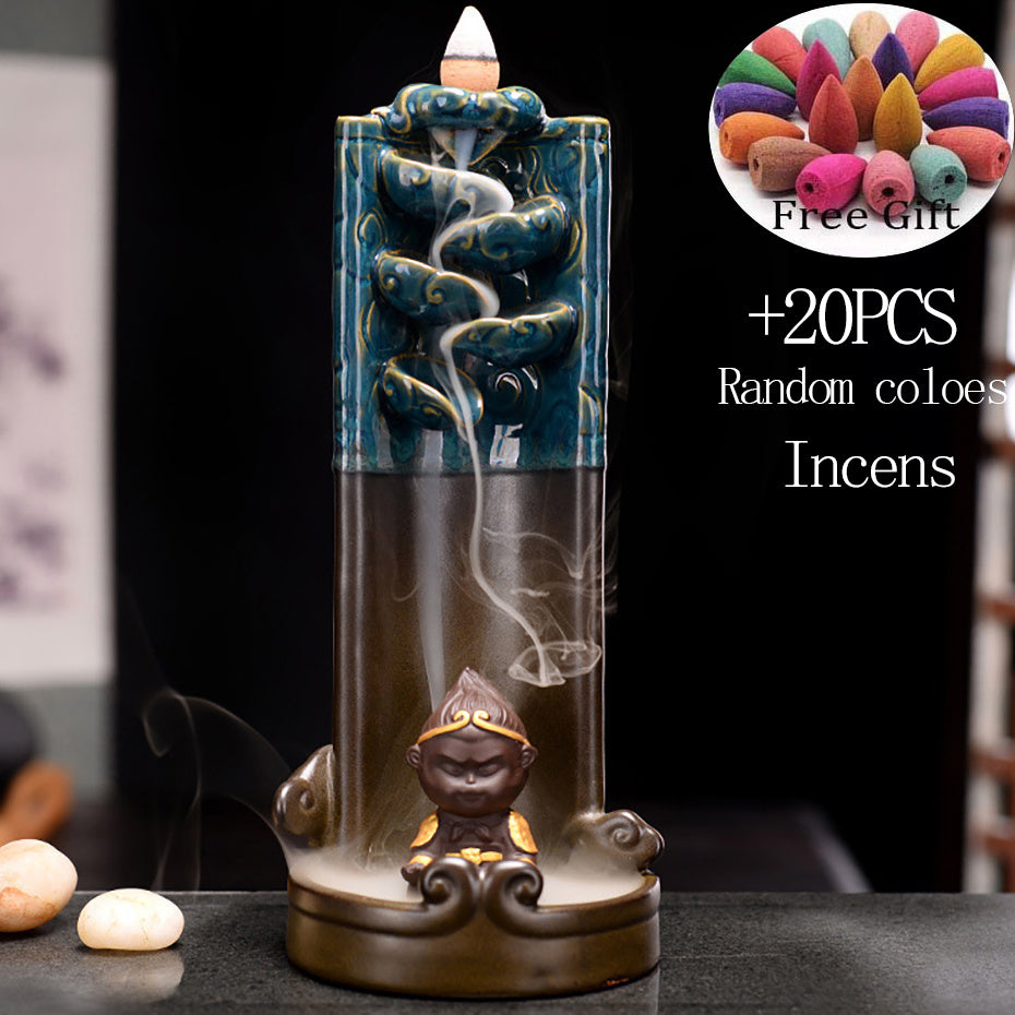 Monkey King Smoke Waterfall Censer Smoke Waterfall Ceramic Backflow Incense Burner Holder Creative Home Decor Gift Ornaments - DropOnline.co