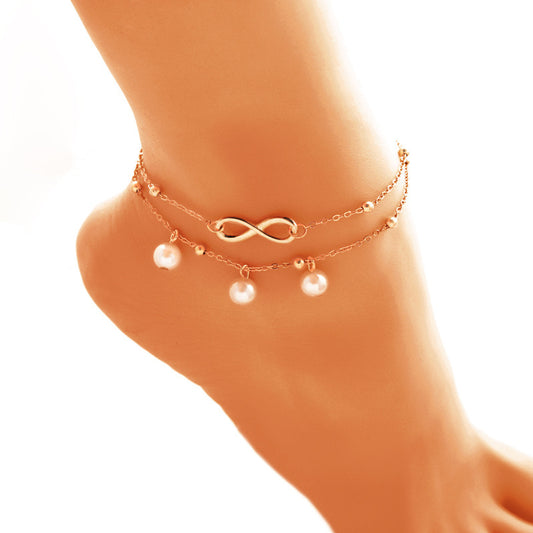 Women's Alloy Anklet with 8-Shaped Double-Layer Pearls - Infinity Symbol Ankle Bracelet - DropOnline.co