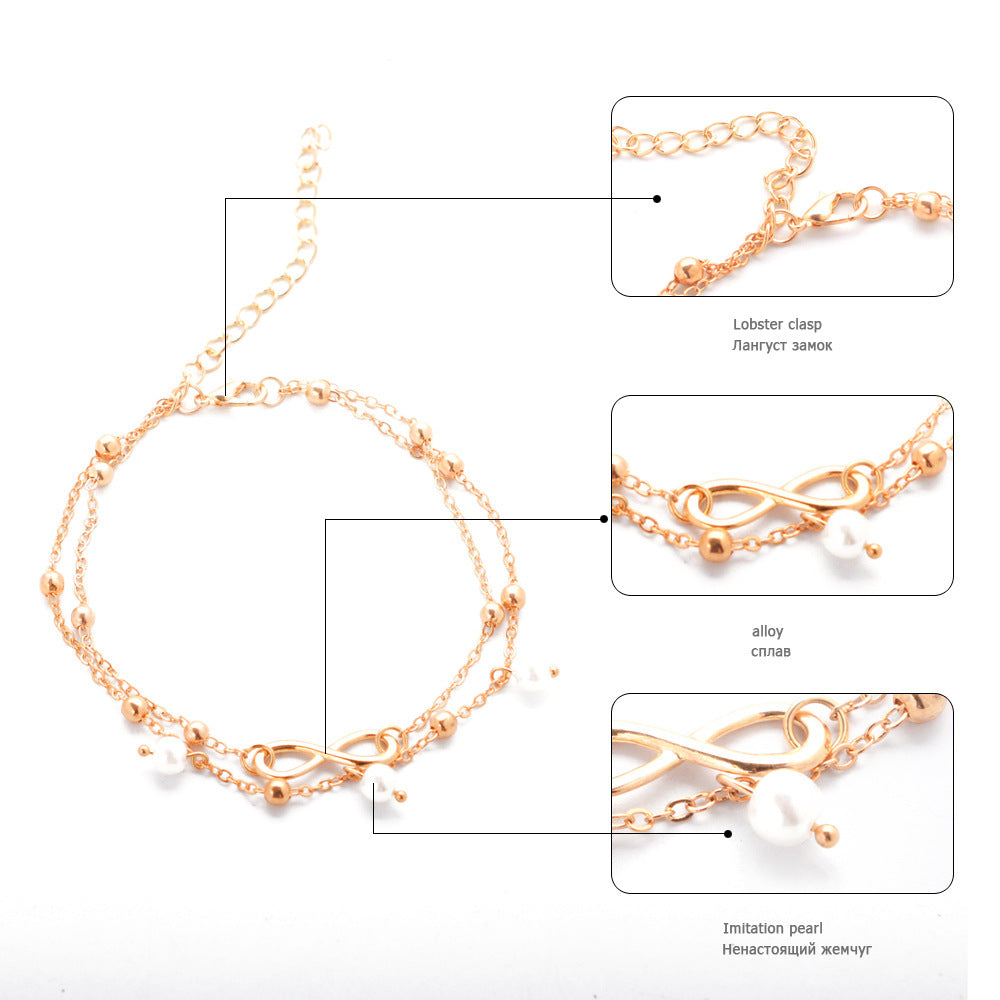 Women's Alloy Anklet with 8-Shaped Double-Layer Pearls - Infinity Symbol Ankle Bracelet - DropOnline.co