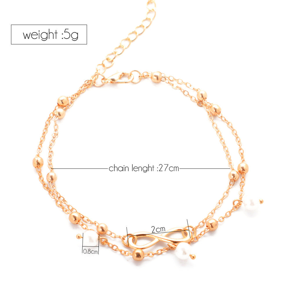 Women's Alloy Anklet with 8-Shaped Double-Layer Pearls - Infinity Symbol Ankle Bracelet - DropOnline.co