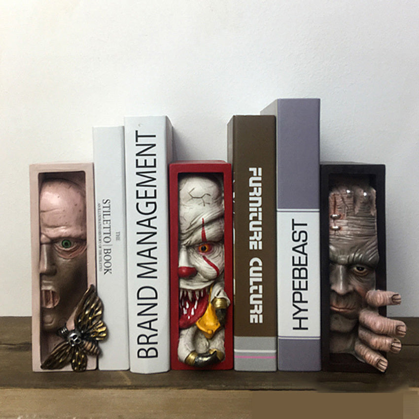 Horror Peeping On The Bookshelf Human Face Resin Bookends Bookstand Sculpture Collecting Cd Albums Bookshelf Decor - DropOnline.co