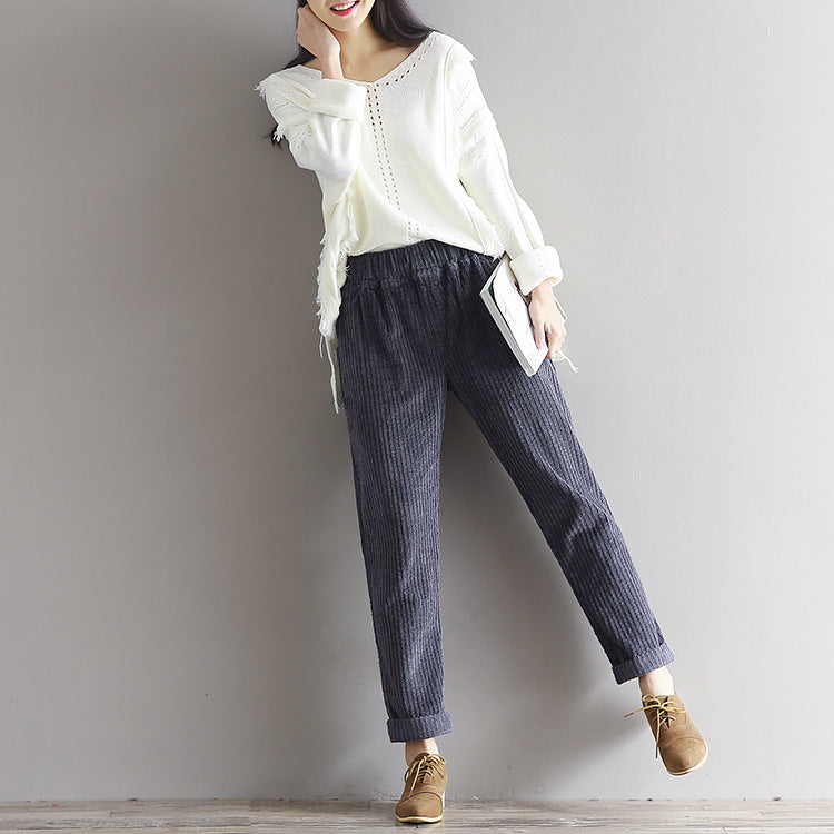 Large Size Women's Art Fan Xian Thin Corduroy Pants Autumn And Winter Loose Casual Trousers - DropOnline.co