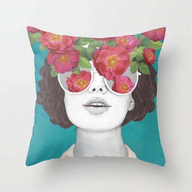 Abstract Print Flower Lady Cushion Cover - Artistic Pillow Cases for Modern Home Decor - DropOnline.co