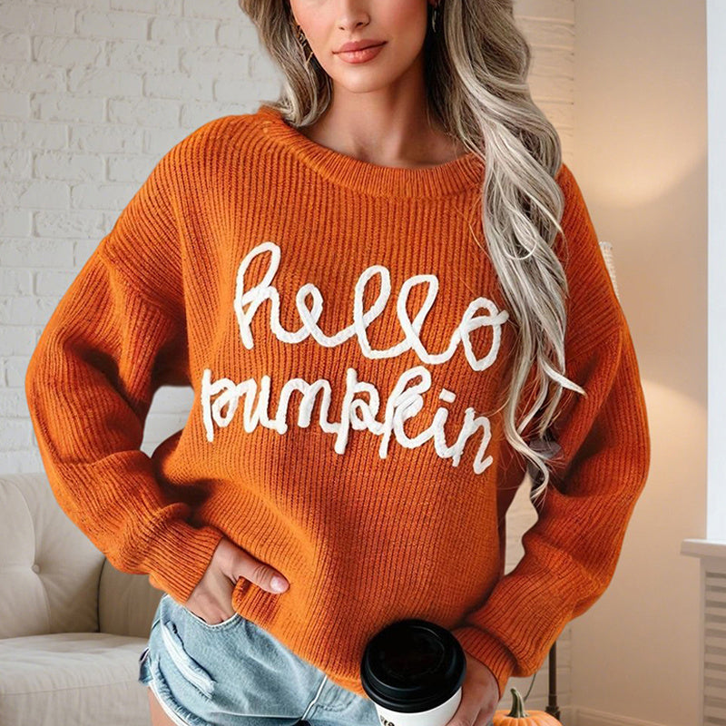 Women's Casual Round Neck Long Sleeve Letter Graphic Sweater Fall Winter Warm Comfortable Pullover Tops - DropOnline.co