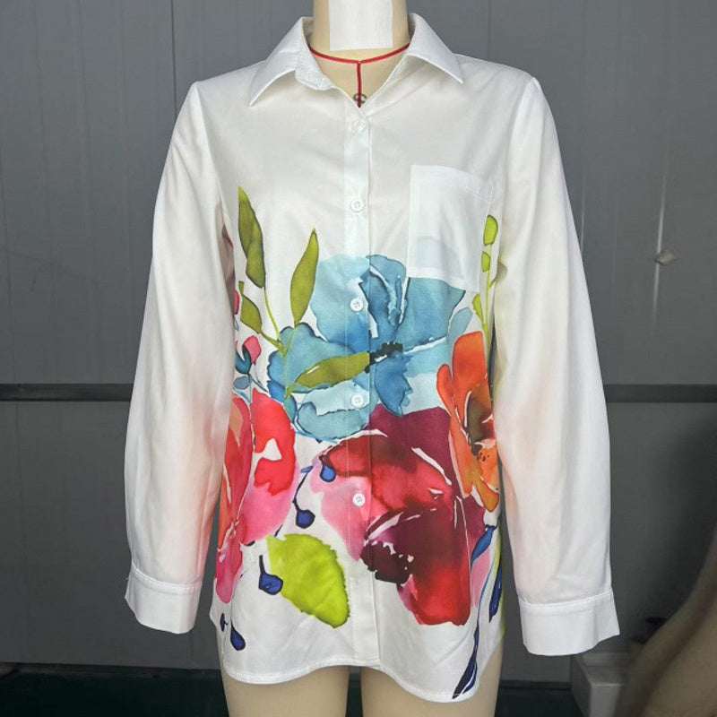 Women's Notch Lapel Long Sleeve Blouse With Colorful Floral Print - Chest Pocket Button-Up Shirt For Spring&Fall - DropOnline.co
