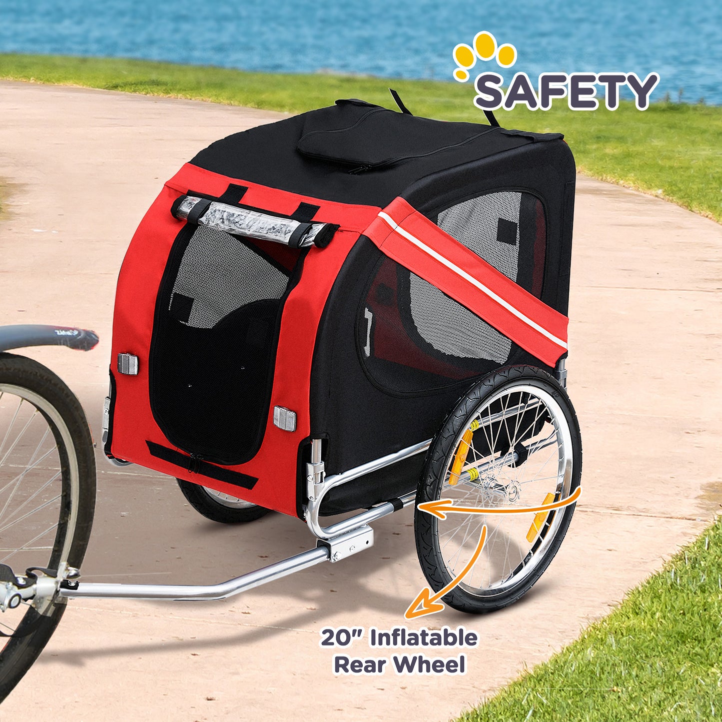 Dog Bike Trailer With Easy Folding Cart Frame, Large Wheels, 3 Entrances, Mesh Screen, For Dogs Within 44 Lbs, Red & Black - DropOnline.co