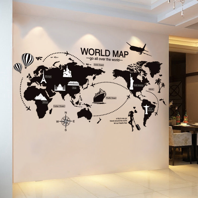 Black World Map Wall Sticker Bedroom Office Artistic Background Removable PVC Muurstickers Home Decor Kids Room Decoration - DropOnline.co