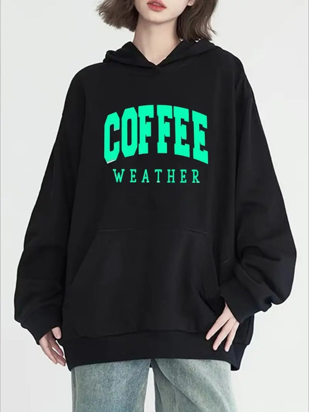 Women'S Fashion Coffee Print Hoodie, Long Sleeve, Crew Neck, With Pocket, Casual Pullover Sweatshirt, All-Season - DropOnline.co