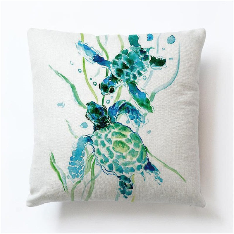 Turtle Print Polyester Cushion Cover - Ocean Theme Decorative Pillow Case for Home - DropOnline.co