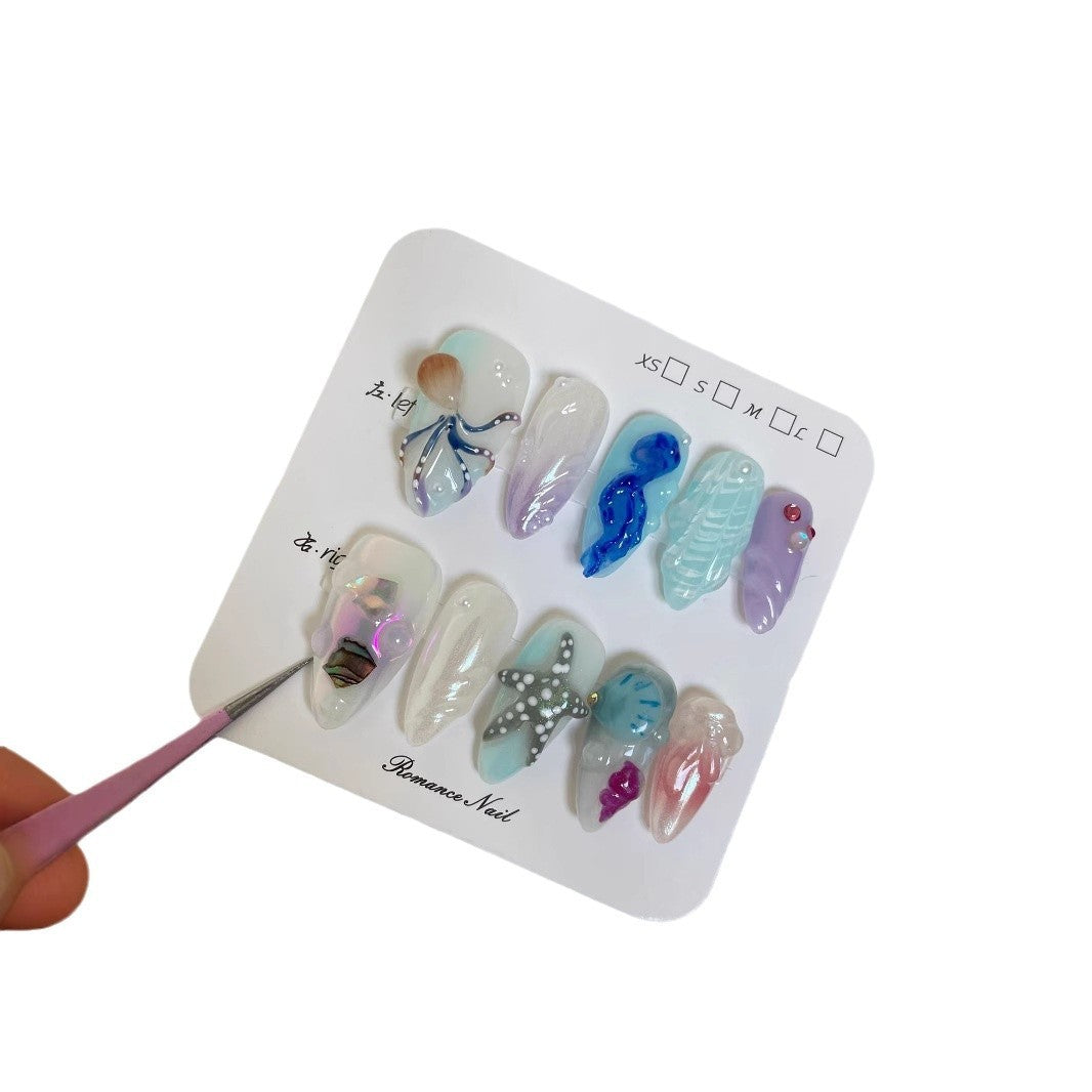 Hand-painted Happy Underwater World White Advanced Long Manicure - DropOnline.co
