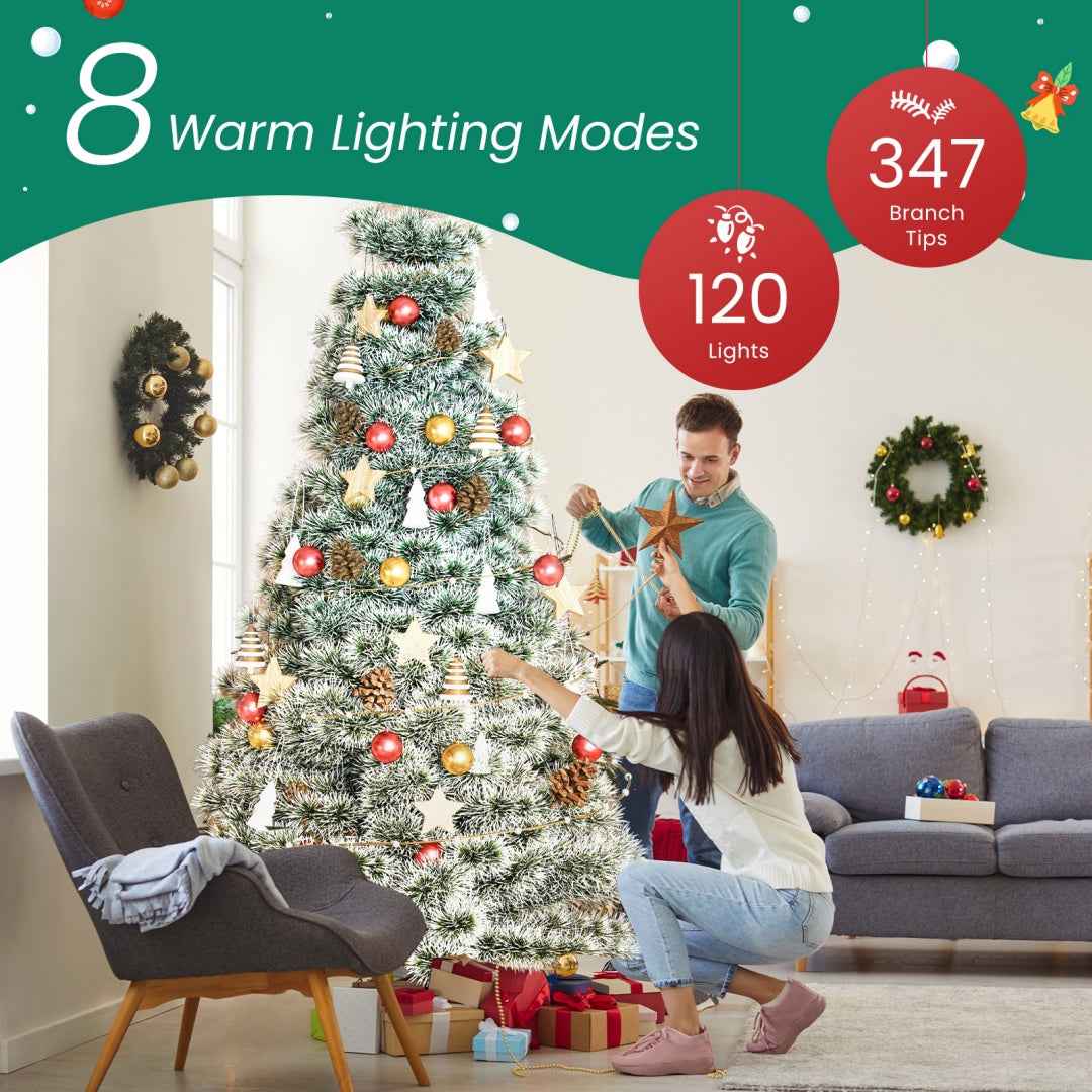 Pre-lit Artificial Christmas Tree, Prelighted Green Artificial Hinged Spruce Xmas Tree With 347 Branch Tips, 120 Incandescent Lights