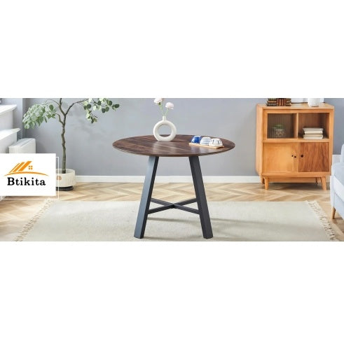 Modern Minimalist Round Dining Table And Coffee Table. 42 Inch Diameter MDF Table Top, Deep Wood Grain Table Top, Black Metal Legs, Fits Home & Office F-1172 - DropOnline.co