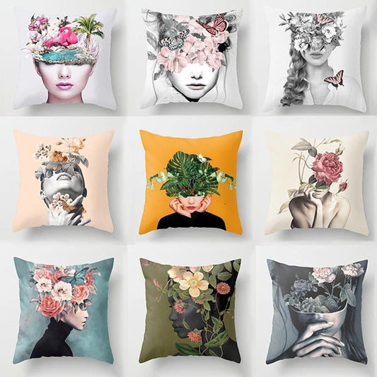 Abstract Print Flower Lady Cushion Cover - Artistic Pillow Cases for Modern Home Decor - DropOnline.co