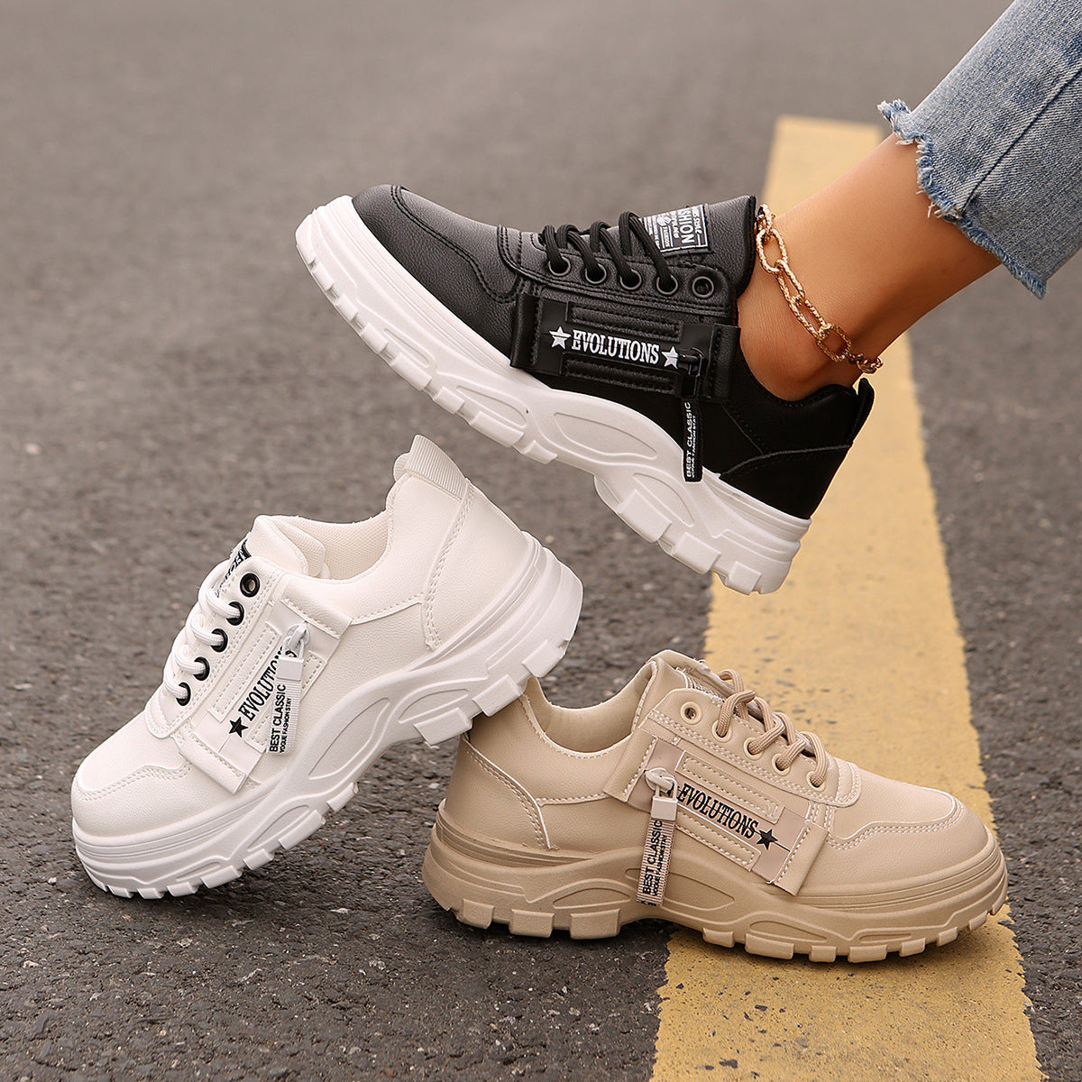 Lace-up Sports Shoes With Side-Zipper Design Fashion Thick-soled Round-toe Casual Shoes For Women Sneakers - DropOnline.co