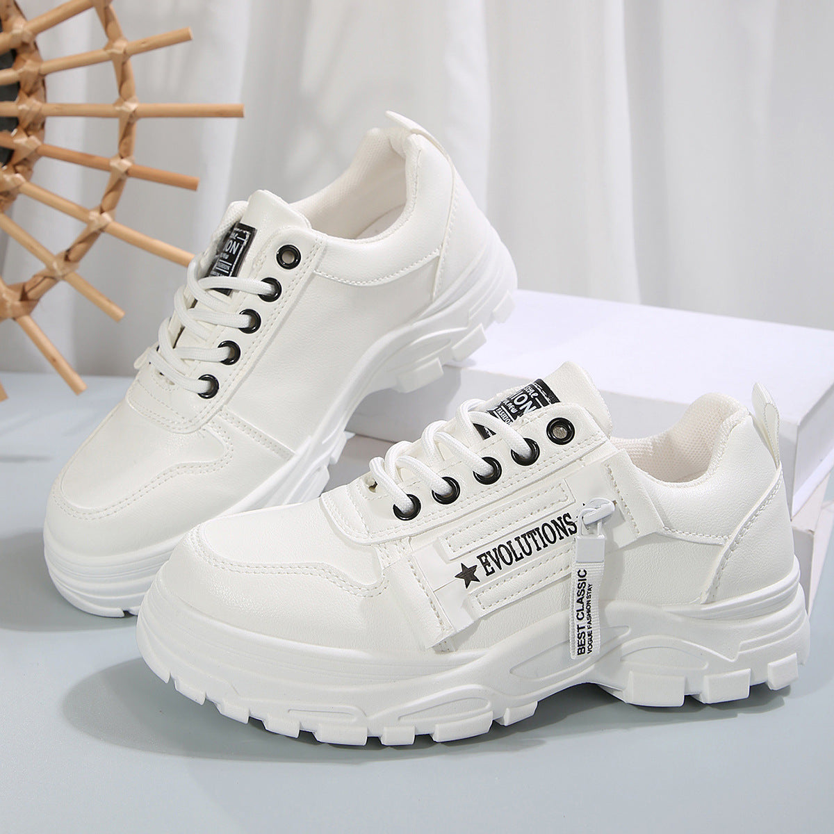 Lace-up Sports Shoes With Side-Zipper Design Fashion Thick-soled Round-toe Casual Shoes For Women Sneakers - DropOnline.co