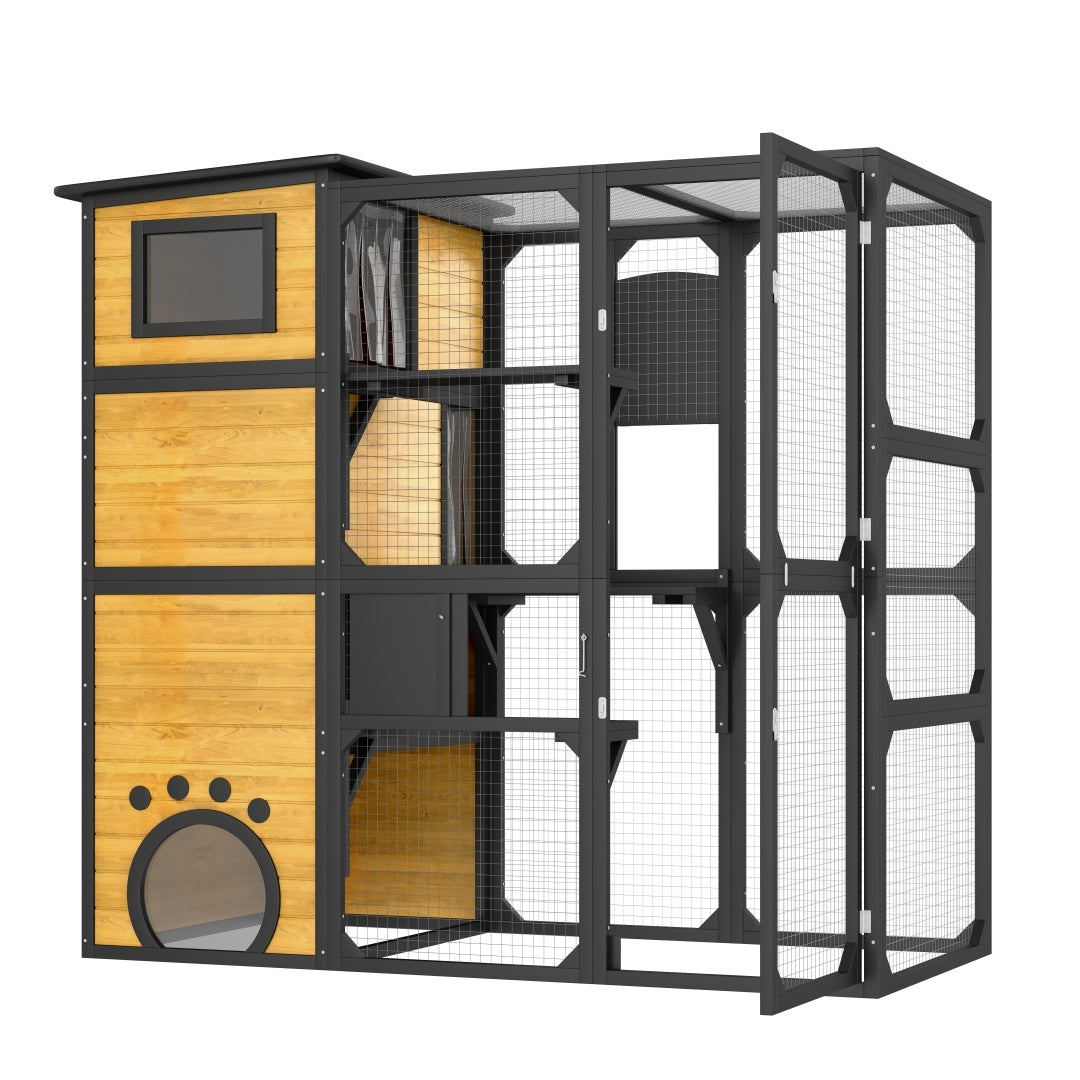 GO Large Cat Catio 4 Tiers Cat Enclosure For Outdoor, Cat House Weatherproof Attached To Window For Multiple Cats With Platforms And Resting Rooms, Brown - DropOnline.co