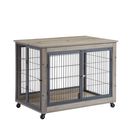 Furniture Style Dog Cage Side Table With Wheels With Double Doors And A Raised Top. Grey - DropOnline.co