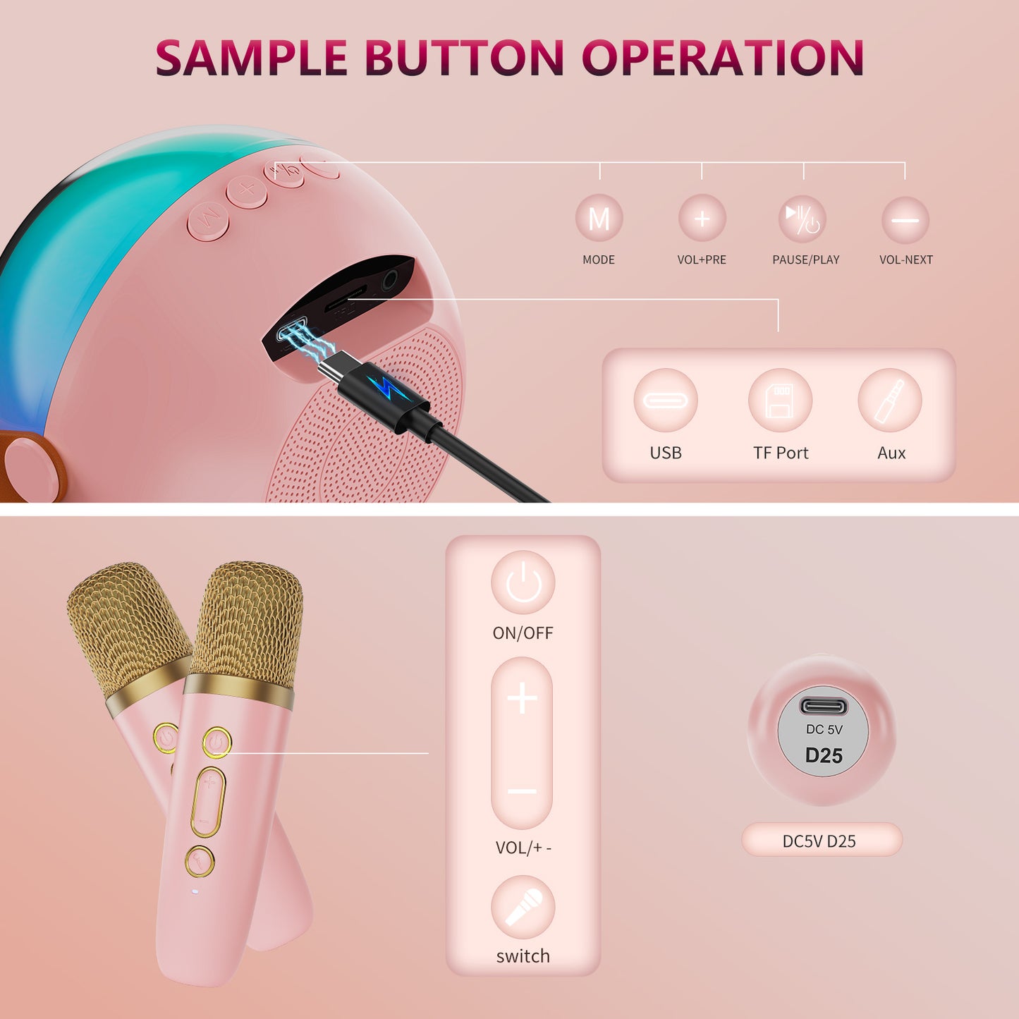 D25 Mini Karaoke Machine for Kids - Portable Bluetooth Speaker with Wireless Microphone & Lights - DropOnline.co