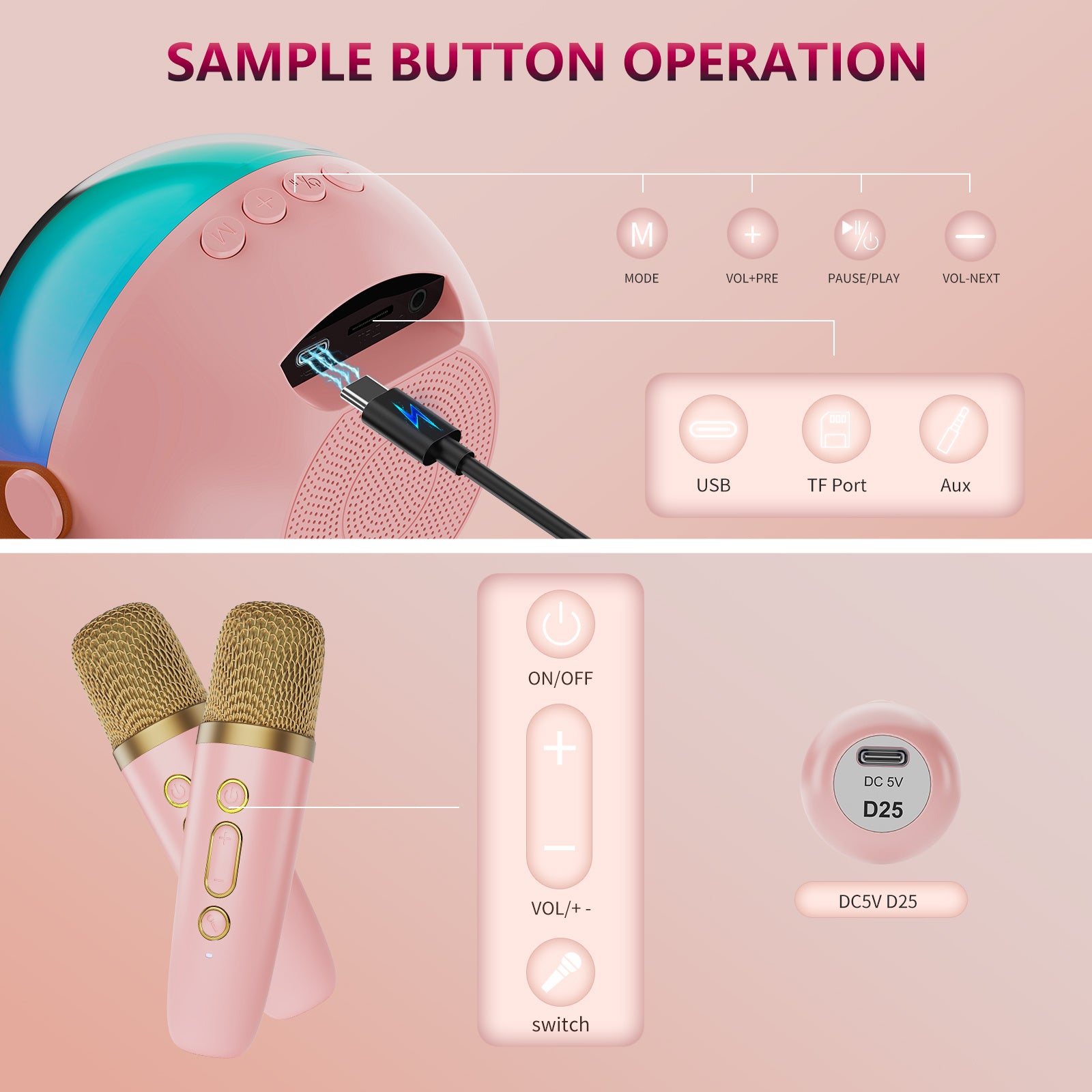 D25 Mini Karaoke Machine for Kids - Portable Bluetooth Speaker with Wireless Microphone & Lights - DropOnline.co