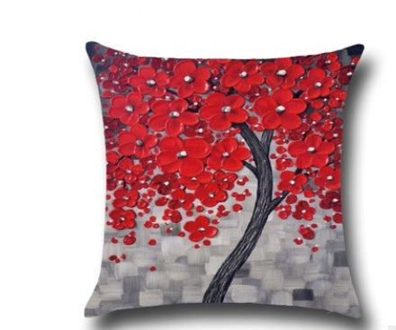 Three-dimensional Oil Painting Trees Flowers Cotton Cushion Cushion Pillowcase Car Waist Cushion Cover - DropOnline.co