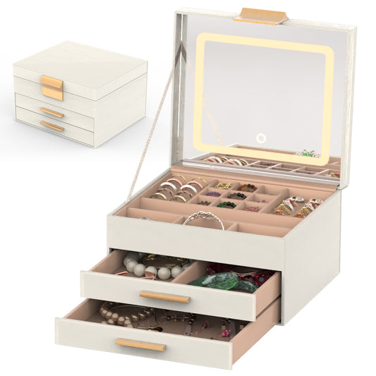 1 Set Jewelry Box With LED Mirror 3 Layer Jewelry Organizer With 2 Drawers PU Jewelry Holder With 3 Mirror Light Colors Dimmable For Earrings Rings Bracelets Necklaces - DropOnline.co