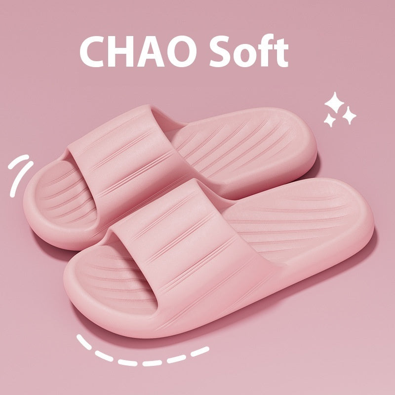 Fashion Solid Color Striped Home Slippers Summer Thick Bottom Non-slip Bathroom Slipper Women Men Couples Shoes - DropOnline.co