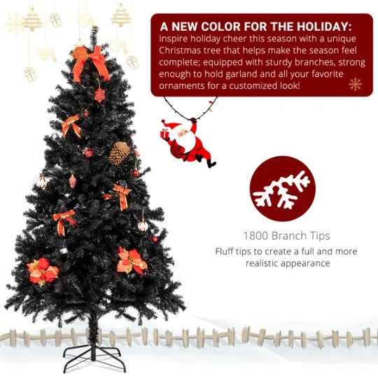 7ft Black Artificial Christmas Tree - 1500 Branch PVC with Iron Bracket Stand - DropOnline.co